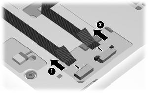 5. Disconnect the power button board cable (1) and the LED board cable (2)