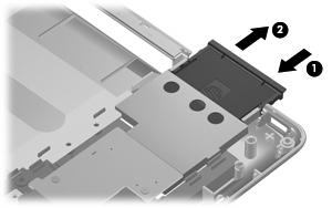 Remove the ExpressCard assembly: 1. Press the ExpressCard slot bezel (1) to release the bezel from the ExpressCard slot. 2.