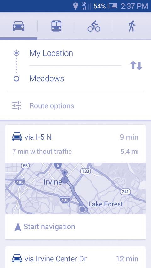 9.3 Get driving, public transport or walking directions 9.3.1 Get suggested routes for your trip Touch the icon from Maps screen.