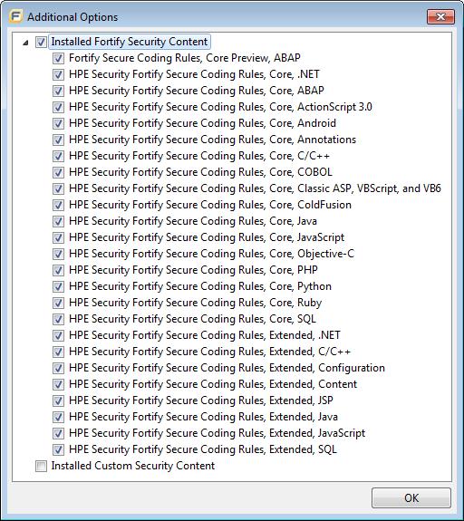 c. In the Installed Fortify Security Content list, clear the check boxes that correspond to any Rulepacks you want to disable during the scan.