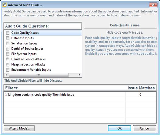 4. In the Audit Guide Questions list, select the types of issues you want to filter out and ignore. To see a description of an issue type, click its name.