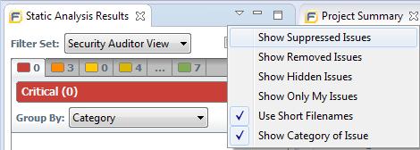 To review results that have been suppressed, select Show Suppressed Issues from the View menu on the Static Analysis Results toolbar.