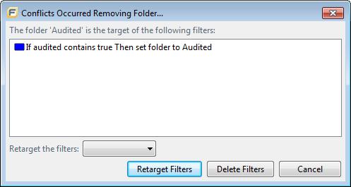 Removing a Folder You can remove a folder from a filter set without removing it from the other filter sets. To remove a folder: 1. Select Fortify > Project Configuration. 2. Click the Folders tab. 3.