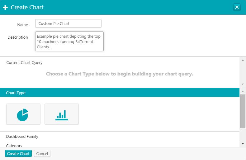 Create a Custom Chart Steps 1. Click Configuration > Chart Settings > Create Chart. The Create Chart window appears. 2. In the Name field, enter a name for the chart.