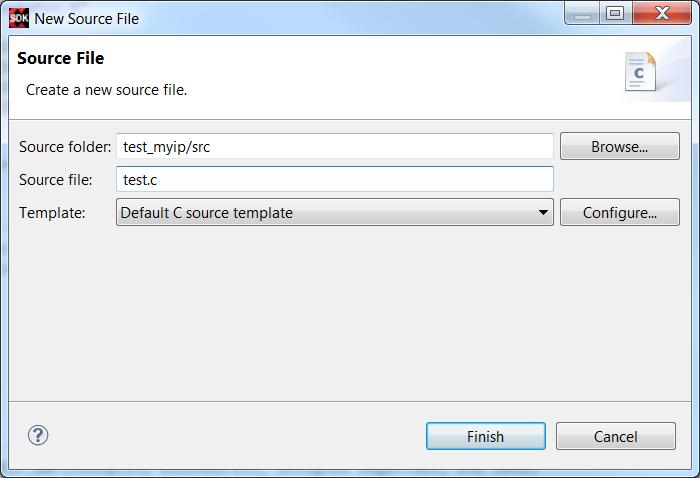 Create a new Source file called test.c: This will create an empty source file called test.c in your application. Next, copy the copy the code here into the test.c: #include "myip.