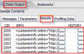In the Data Output view, located in the lower, right corner, select the Results tab. View the sample data for the customer table. Figure 59.