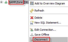 In the Database Explorer view, right-click on the SAMPLEone connection, and select Disconnect. Figure 61.