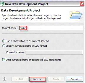 ibm.com/developerworks developerworks 2. In the Project name field, type Basic. Select Next. Figure 64. Select a database manager 3. Select Use an existing connection.