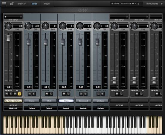 enables instrument search via a traditional Libraries Browser, or a Database Browser, and the Mixer view features a channel strip with an FX Rack for each loaded instrument, and a