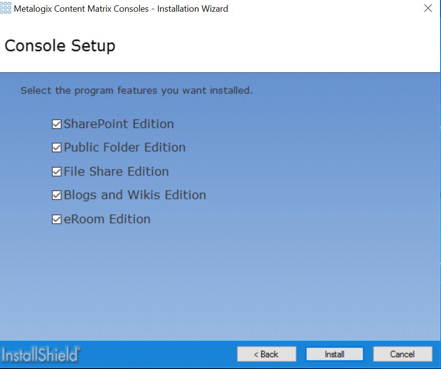 8. Select which Editions of Content Matrix Console to install. 9. Click [Install].