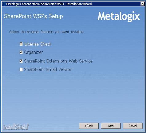 5. After all the desired Content Matrix SharePoint WSPs have been selected for install, click [Install]. 6.