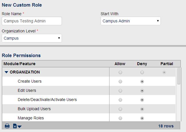 Adjust the permissions for the new role by selecting the radio buttons under Allow or Deny.