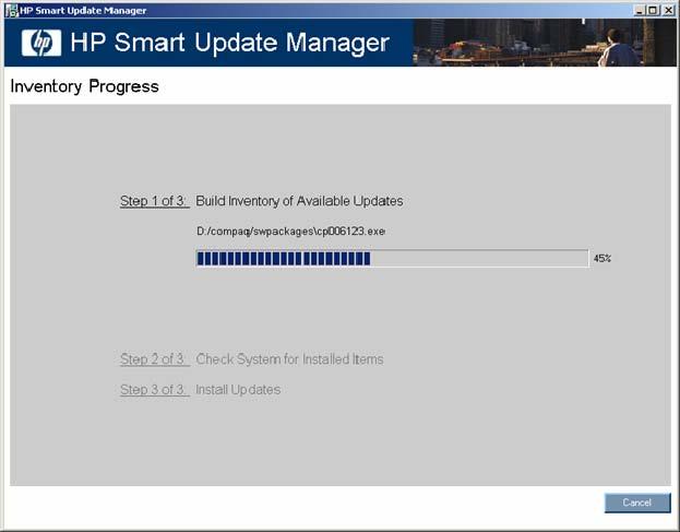 The Inventory Progress screen appears while the HP Smart Update Manager builds an inventory of available updates.
