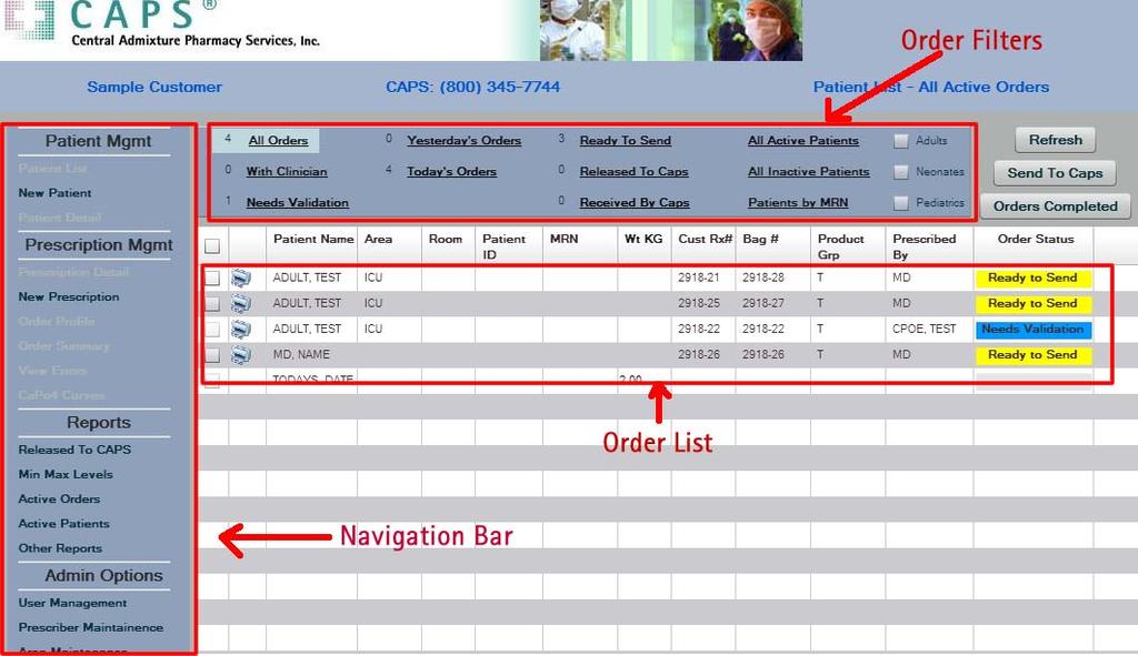 2. Navigation Module Function Overview Navigating the Main screen of CAPSLink Filtering the Order List 2.