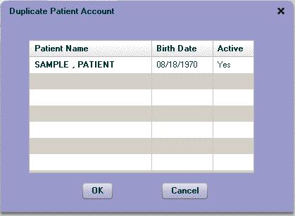 Figure 3-2 Duplicate Patient Acct. Number If a date of birth is entered in the DOB field, CAPSLink will automatically assign the appropriate age category.