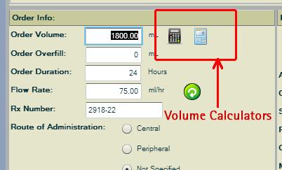 Figure 4-5 Order Volume Calculators The volume per kg calculator can be accessed by clicking on the first calculator icon to the right of the Order Volume field.