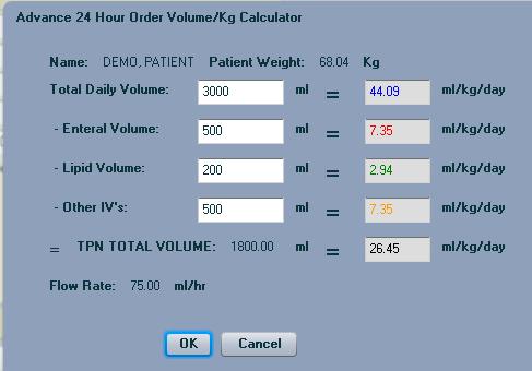 Enter the appropriate volumes in each field of the 24 Hour Order Volume/Kg Calculator pop-up (fig 4-7) and click OK. The Order Volume field will be populated with the calculated value.