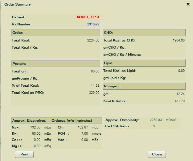5.7 Other Prescription Management Functions 5.7.1 Order Summary After an order is saved you can view/print the order s nutritional information by clicking on the Order Summary link in the left hand navigation pane (Fig 5-8).