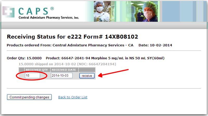 4. When the Receiving Status window opens enter the amount of product you received in