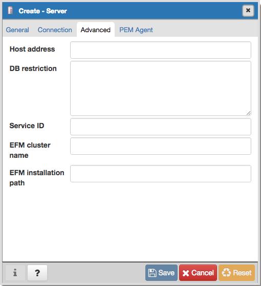 Figure 4.3 The Advanced tab. Use fields on the Advanced tab to specify details that are used to manage the server: Specify the IP address of the server host in the Host address field.