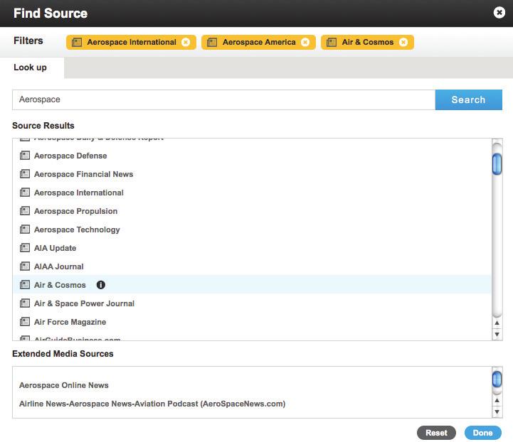 Filtering By Sources When filtering by Sources you can either choose to add a collection of sources on the fly using the Find Source utility, or you can choose from previously created Source Lists.