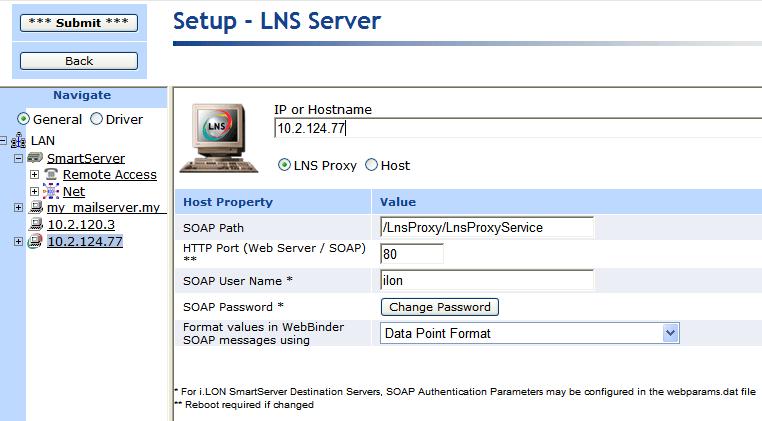 d. Optionally, you can configure the LNS Server properties (if you want to change the HTTP port, user name, or password used by the SmartServer to access the LNS Proxy Web service).