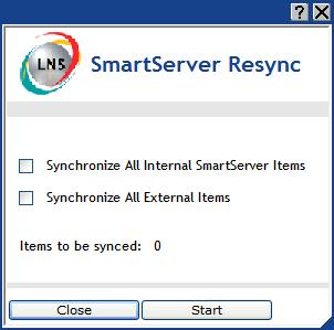 ii. The Items to be Synced property lists the number of objects in the SmartServer tree that need to be synchronized with the LNS network database. iii. Click Start.