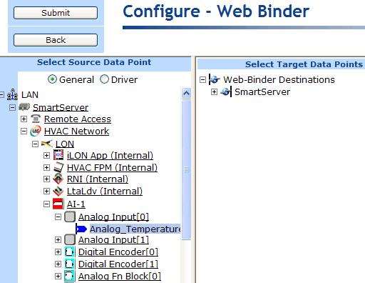 5. From the Webbinder Destinations tree on the right frame, expand the SmartServer Webbinder destination icon containing the target data points to be connected, expand the network, channel,