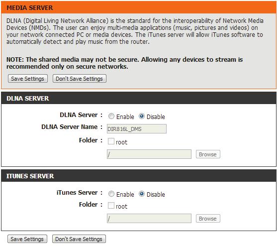 Media Server This page will allow you to enable a DLNA Media Server or enable the itunes Server.