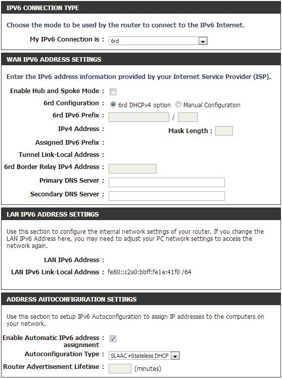 6rd My IPv6 Connection: Select 6rd from the drop-down menu. 6RD Settings: Enter the address settings supplied by your Internet provider (ISP).
