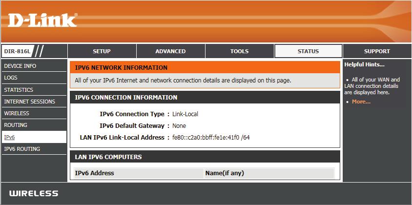 IPv6 The IPv6 page displays a summary of the router IPv6 settings