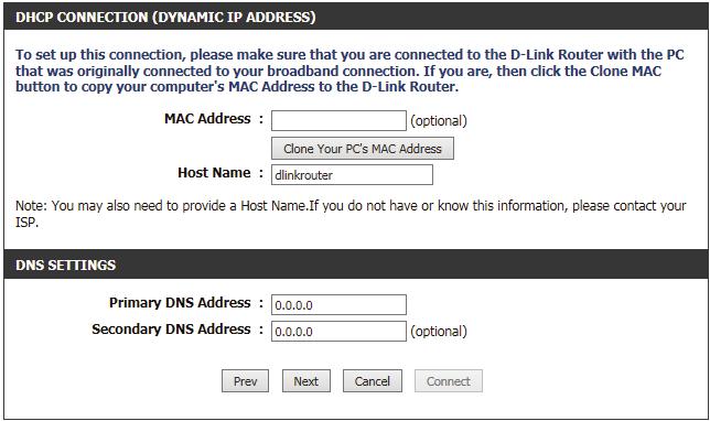 Step 3: Internet Connection (Dynamic IP Address) After selecting the dynamic IP address Internet connection method, the following page will appear.