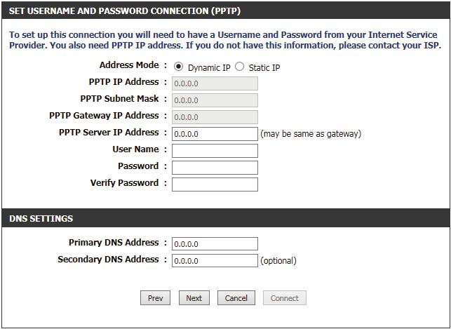Step 3: Internet Connection (PPTP) After selecting the PPTP Internet connection method, the following page will appear: The following parameters will be available for configuration: Address Mode:
