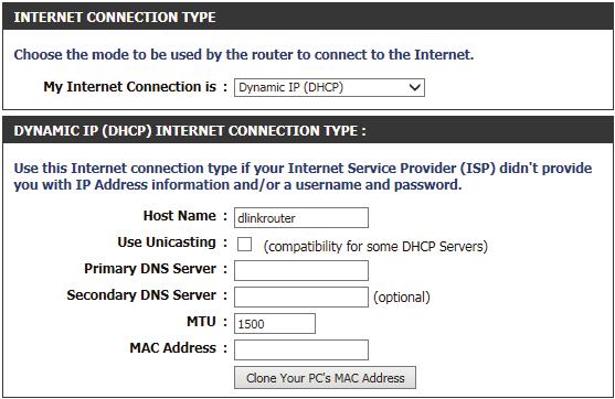 Internet Connection Type In this section, the user can select from a list of Internet Connection types that can be configured and used on this router.
