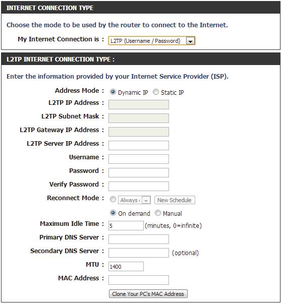 Internet Setup L2TP Choose L2TP (Layer 2 Tunneling Protocol) if your ISP uses a L2TP connection. Your ISP will provide you with a username and password. This option is typically used for DSL services.