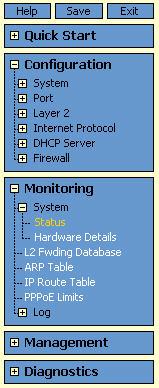 This screen shows the system status on the AR450S router, and system hardware details for AR410 Series routers.