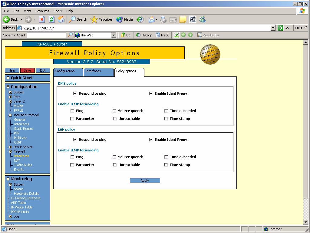 Policy Options. Click the Policy options tab to display the firewall policy options screen.