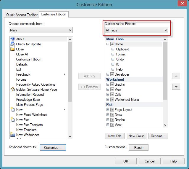 The Customize Ribbon dialog where you can add, organize, and remove commands from the Ribbon.