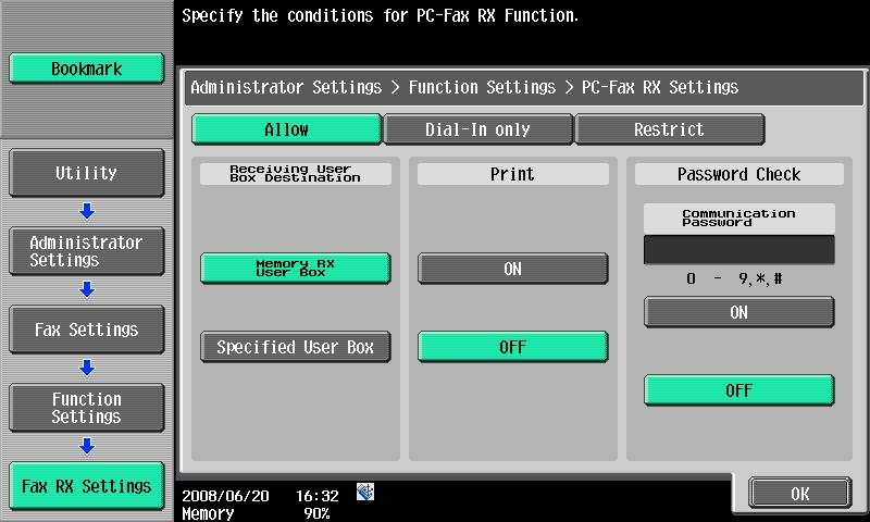 .4 Setting PC-FAX receiving You can set whether or not to use PC-FAX receive function when the optional hard disk is mounted..4.1 Setting PC-FAX receive <From the Control Panel> When the function to be used, set the following contents.