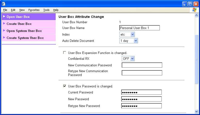 User Operations 3 What happens if User Box Owner is changed. is clicked % If the "User Box Owner is changed." check box is clicked, it clears the User Box Password.