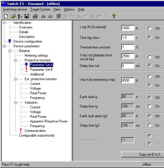 Switch ES User Interface Title bar Menu bar Toolbar Title Bar The title bar contains: The path for the sdp file (Switching Device Parameters). The device status (online / offline).