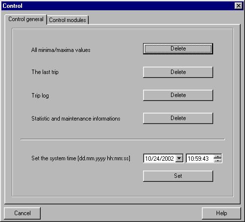 Target System (continued) Control general This window enables you to delete different memories and set the system time.
