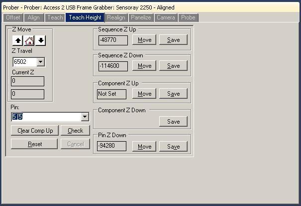 Prober setup TP Component Teach Height (Z) Select the Teach Height tab in the Prober Pane. Select a Pin number in the Pin Z Down drop menu. This will position the probe tip at the selected TP.