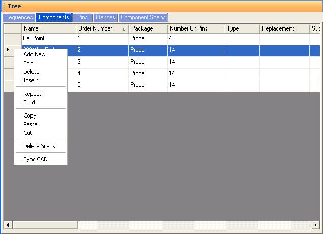 Sequence/Component/Pin Editing Right Click menus Right clicking on the Row header bar of the Tree pane displays an additional menu for performing specific tasks such as Add New, Insert, Delete,