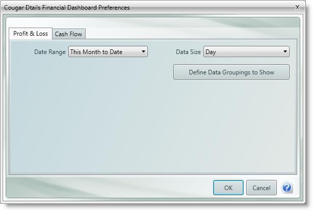 Financial Dashboard Preferences To access the Cougar Dtails Financial Dashboard Preferences window, select Options > Financial Dashboard Preferences from the Cougar Dtails - Financial Dashboard menu