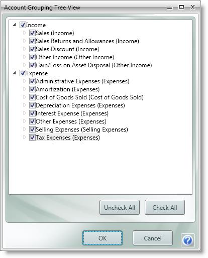 Figure 6: Account Grouping Tree View window To include an account or group of accounts in the data view and data totals, select the check box associated with the account(s).