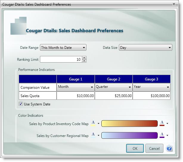 Figure 7: Cougar Dtails Sales Dashboard Preferences window Date Range Use this drop-down to select the date range you want as the default throughout the Sales Dashboard.