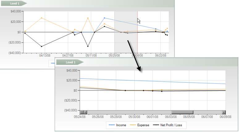 Figure 15: Using the zoom feature Viewing Financial Indicators The Financial Indicators view of the Financial Dashboard shows you the Financial Analysis of your company.