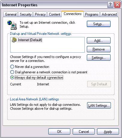 Select dial-up pictogram in the Dial-up and Virtual Private Network settings window and click Set Default button, then chose Always dial my default connection and click Apply and OK buttons.