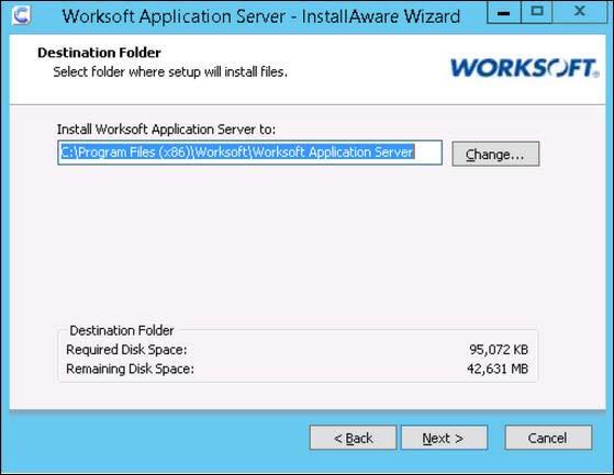 Installing Worksoft Application Server After your system has been analyzed, the Destination page appears.